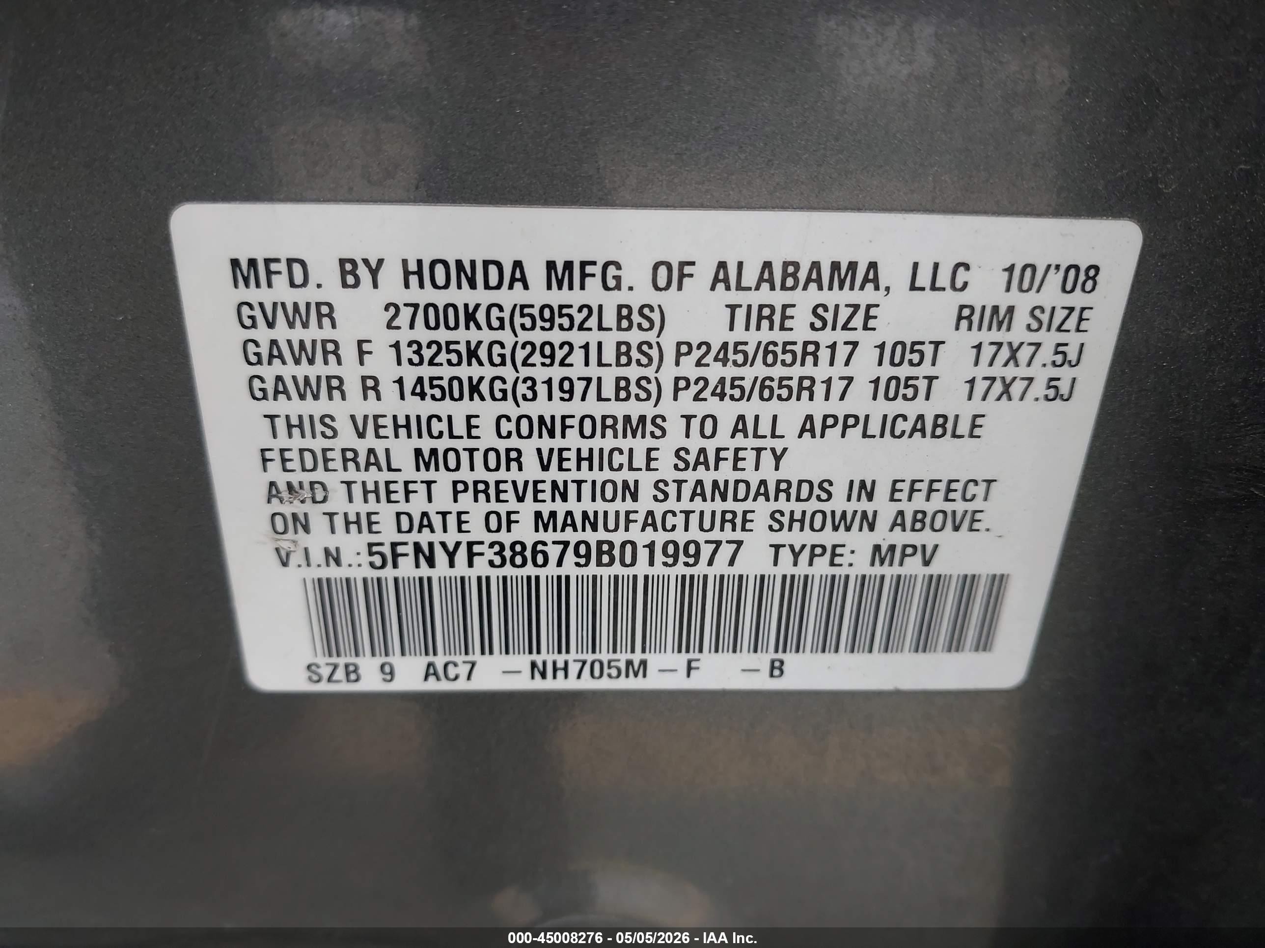 2009 Honda Pilot Ex-l Gray vin: 5FNYF38679B019977