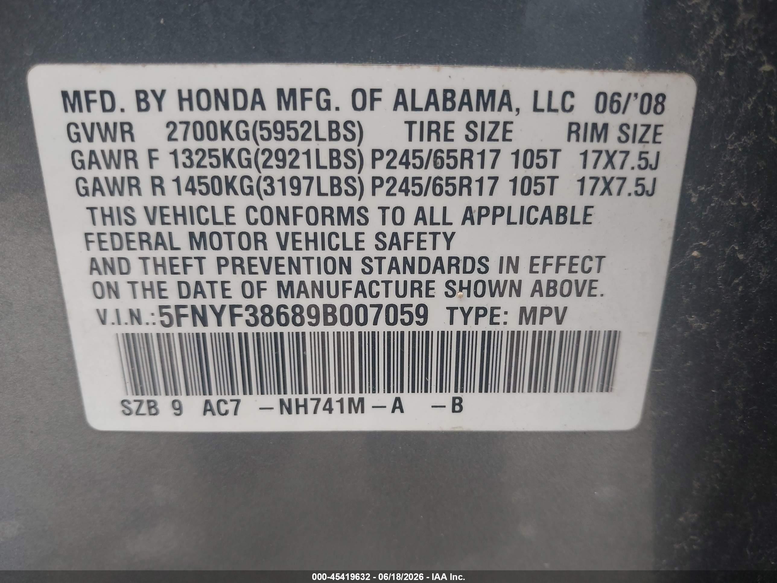 2009 Honda Pilot Ex-l Gray vin: 5FNYF38689B007059