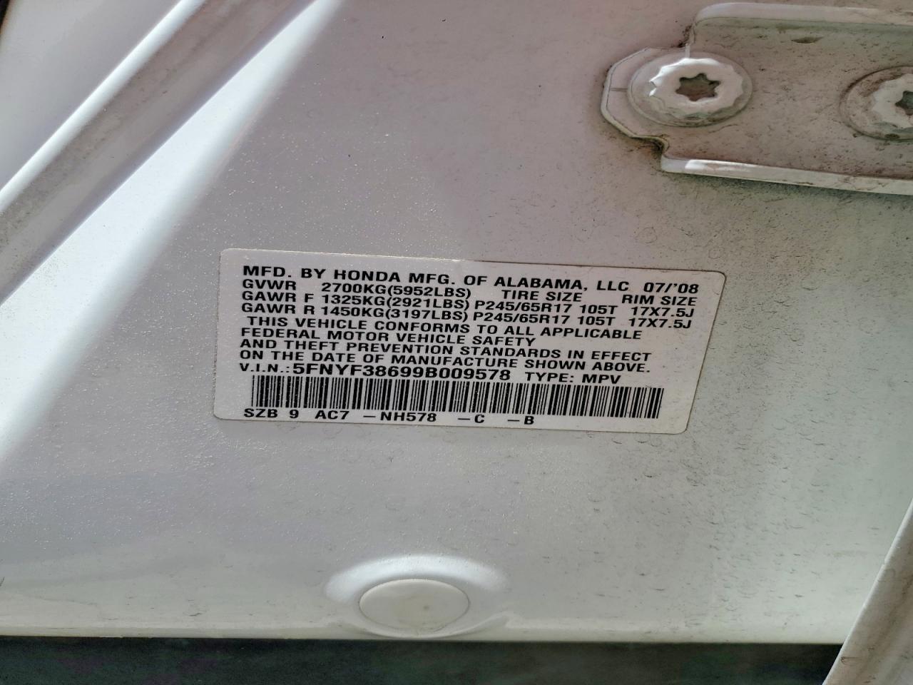 2009 Honda Pilot Exl White vin: 5FNYF38699B009578