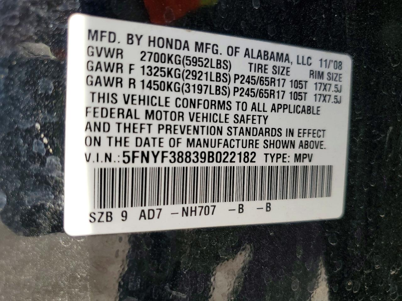 2009 Honda Pilot Touring Black vin: 5FNYF38839B022182