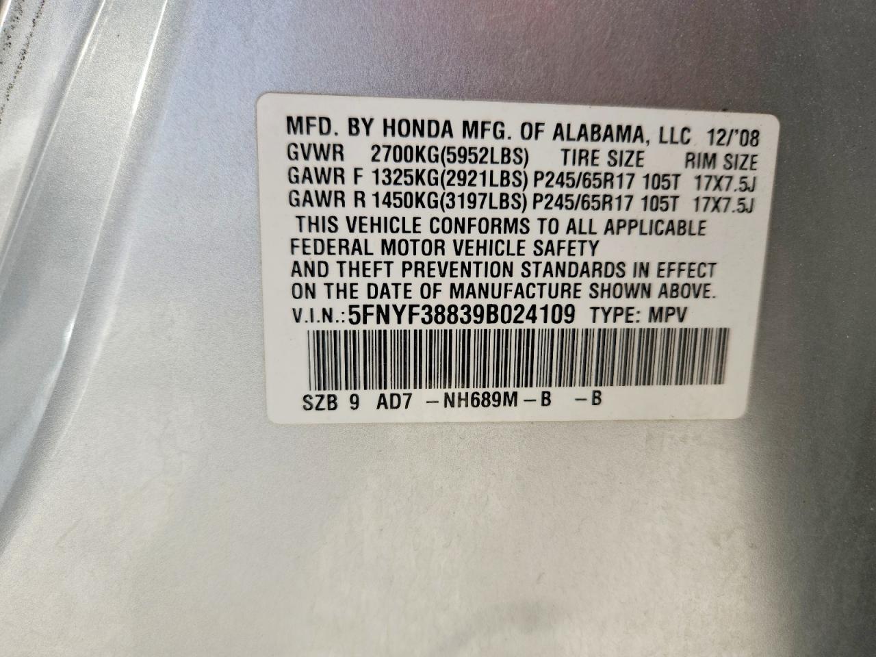 2009 Honda Pilot Touring Серебряный vin: 5FNYF38839B024109
