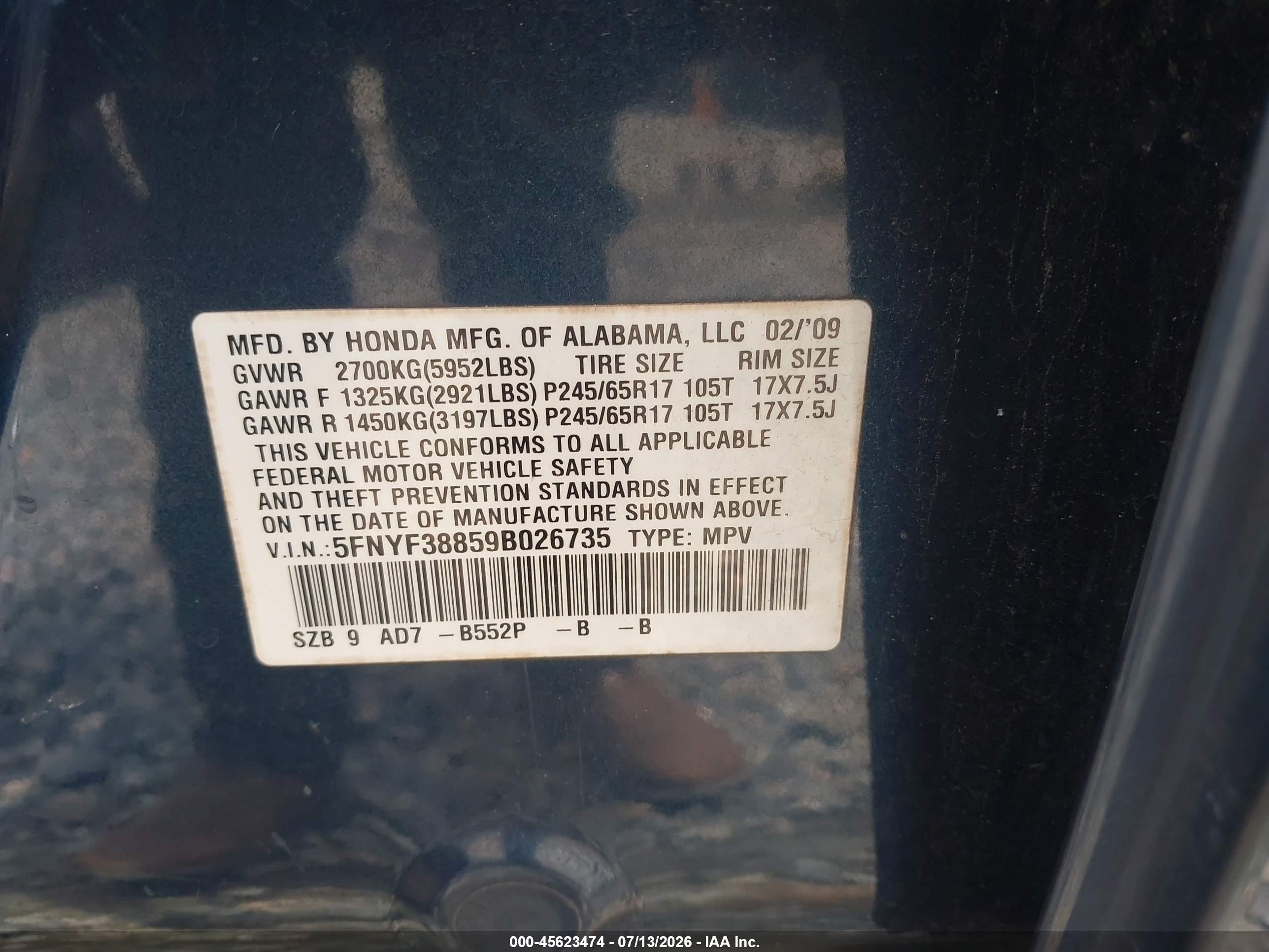 2009 Honda Pilot Touring Blue vin: 5FNYF38859B026735