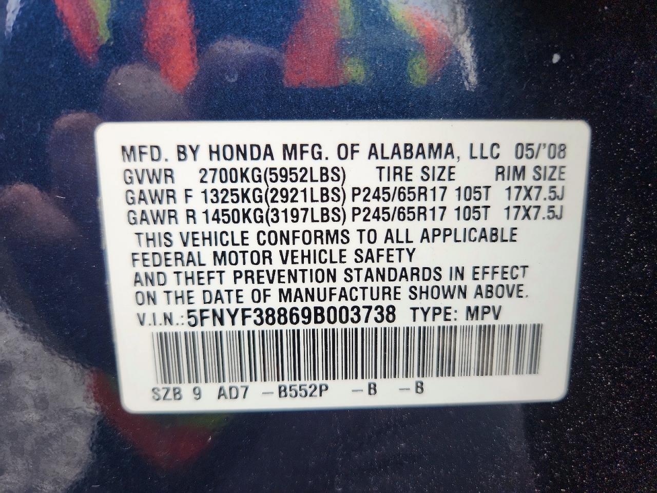 2009 Honda Pilot Touring Blue vin: 5FNYF38869B003738