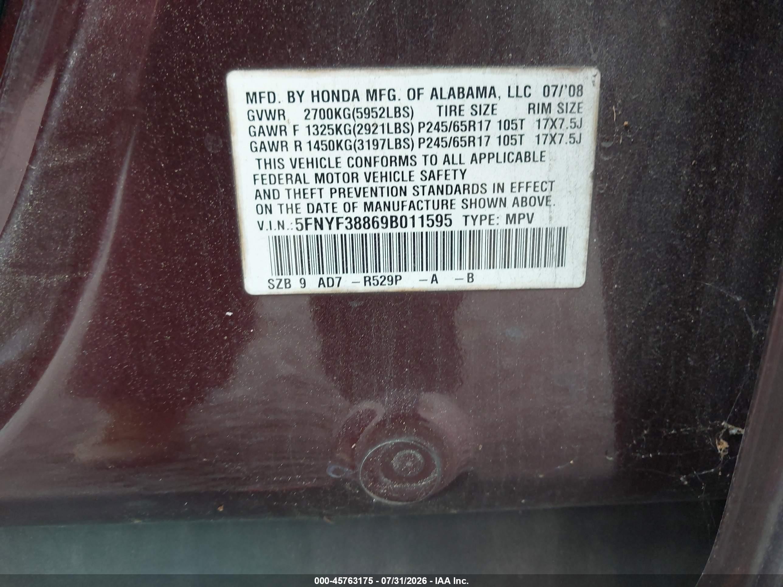 2009 Honda Pilot Touring Red vin: 5FNYF38869B011595