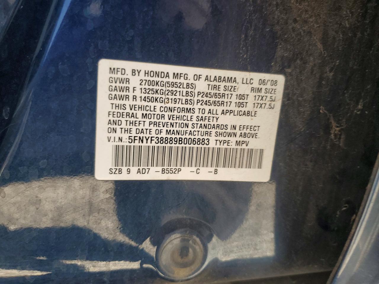2009 Honda Pilot Touring Blue vin: 5FNYF38889B006883