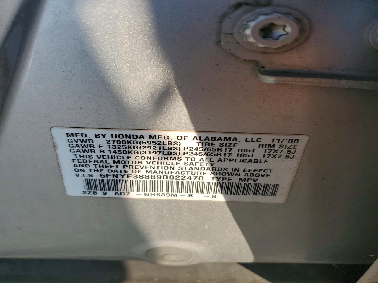 2009 Honda Pilot Touring Silver vin: 5FNYF38889B022470