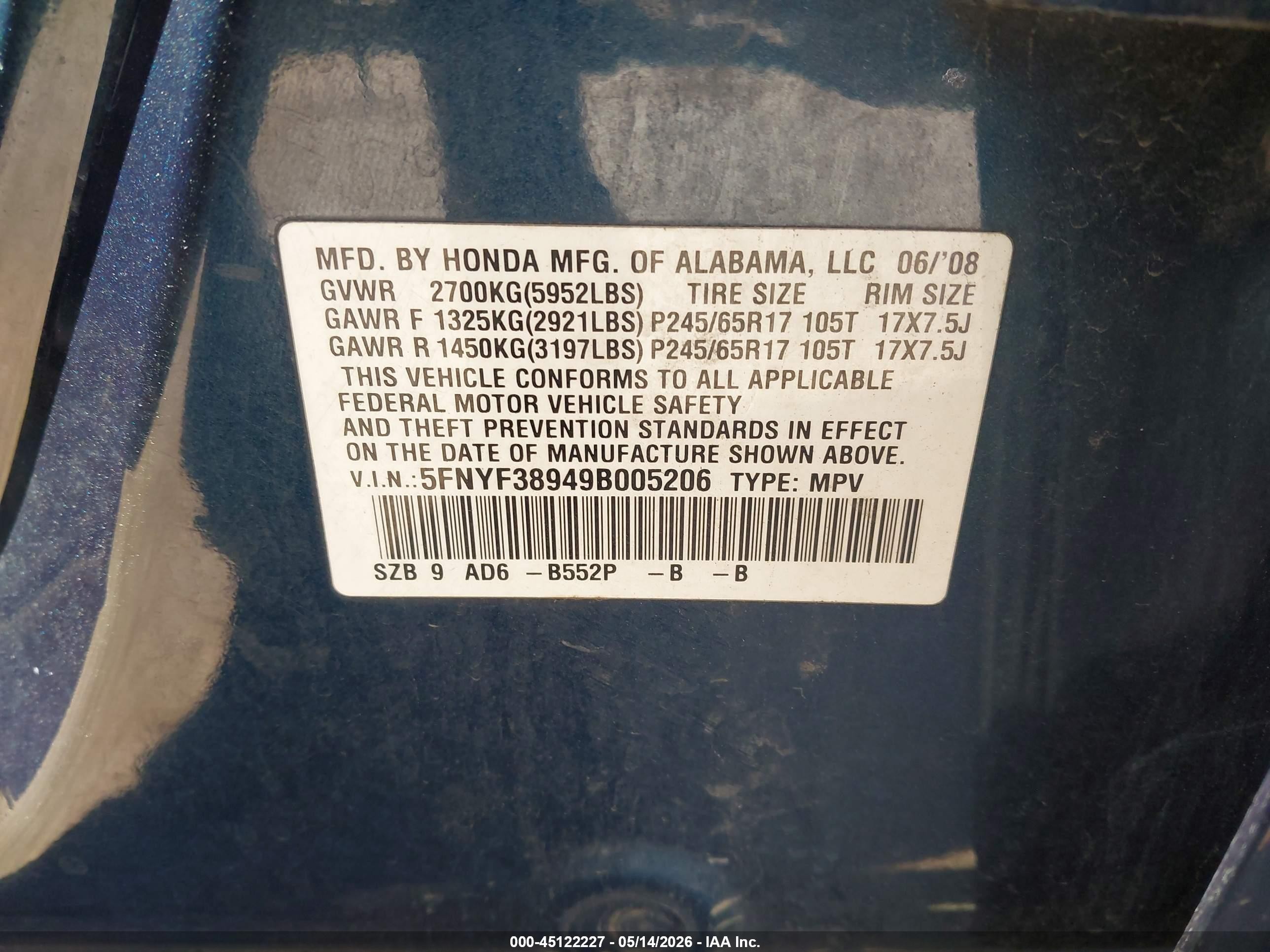 2009 Honda Pilot Touring Blue vin: 5FNYF38949B005206