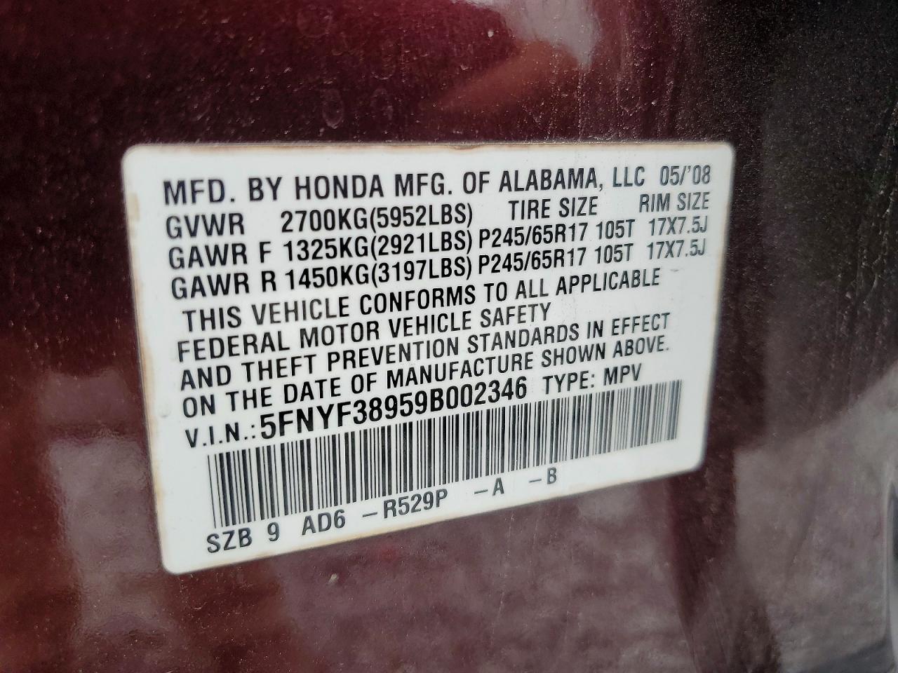 2009 Honda Pilot Touring Burgundy vin: 5FNYF38959B002346