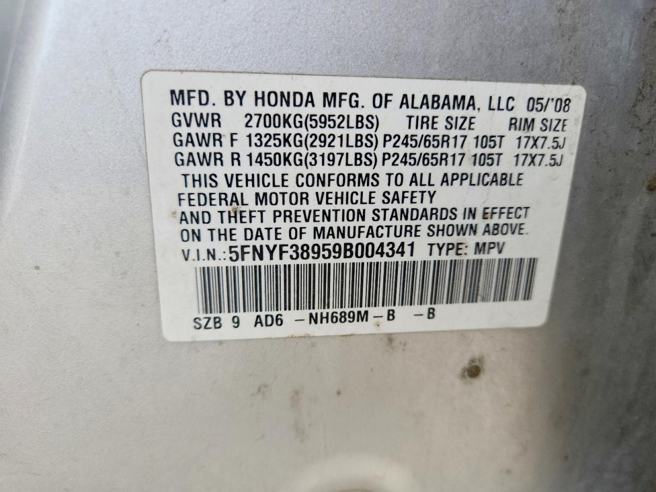 2009 Honda Pilot Touring Silver vin: 5FNYF38959B004341