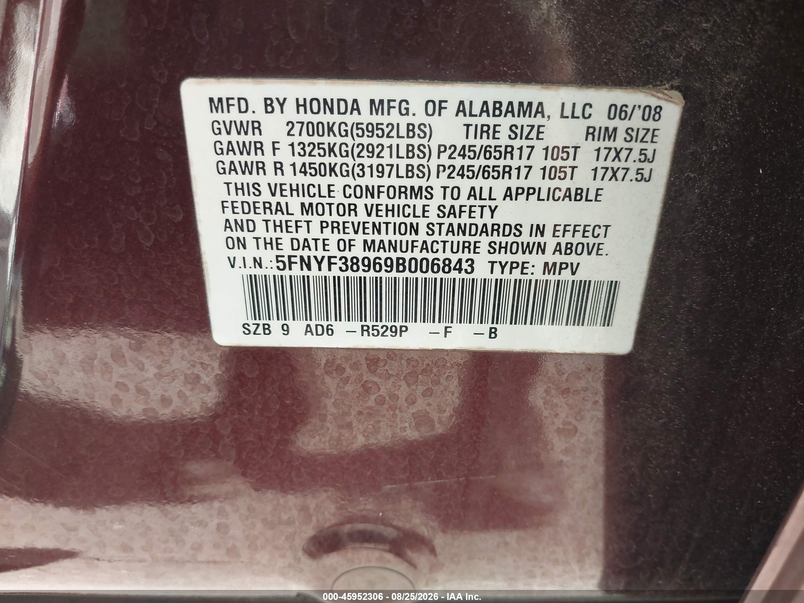 2009 Honda Pilot Touring Maroon vin: 5FNYF38969B006843