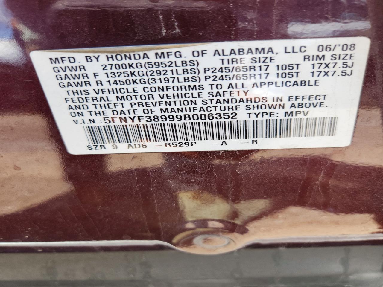 2009 Honda Pilot Touring Burgundy vin: 5FNYF38999B006352