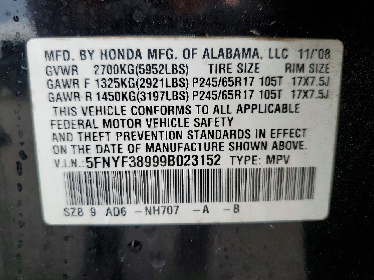 2009 Honda Pilot Touring Black vin: 5FNYF38999B023152