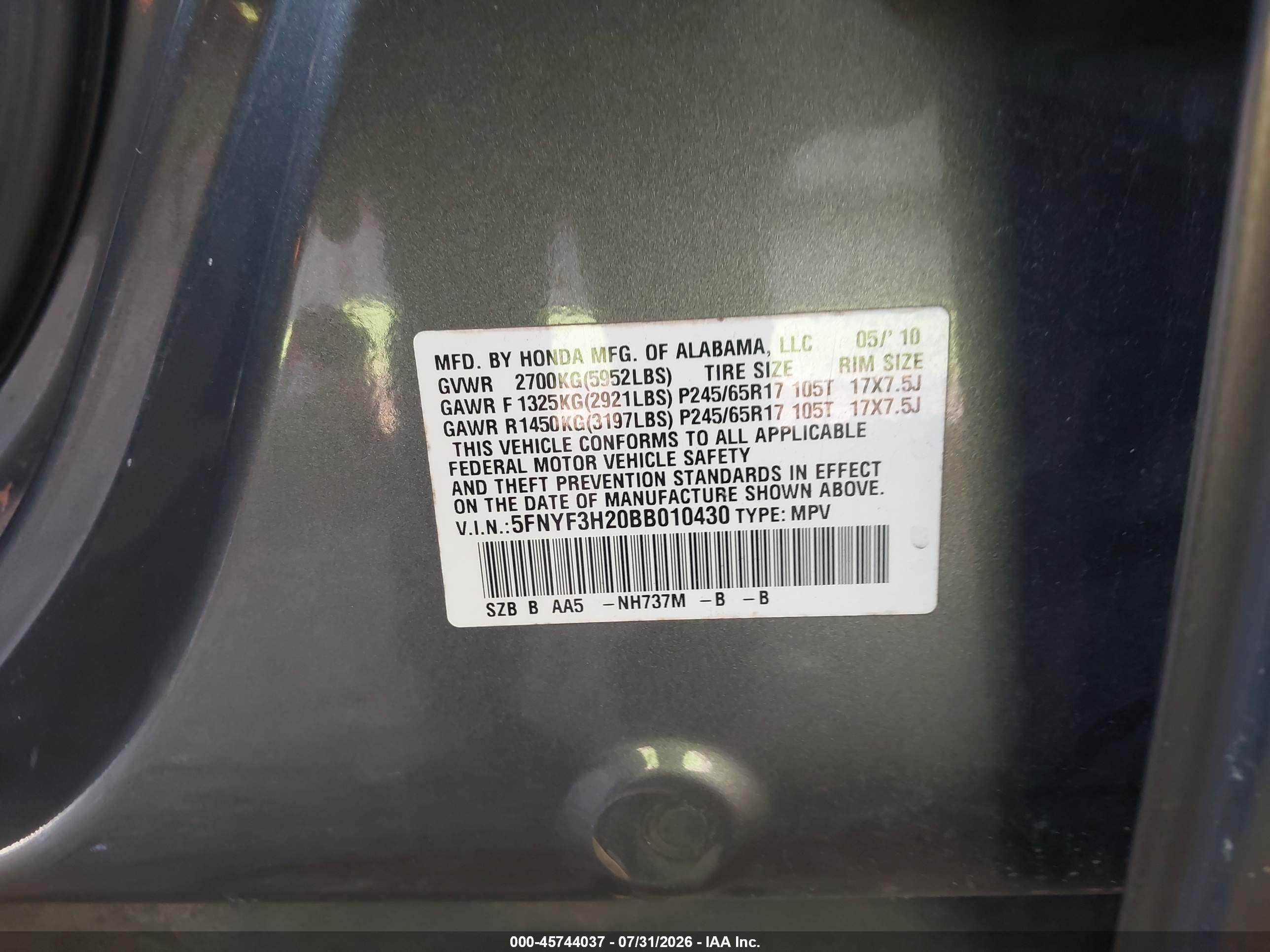 2011 Honda Pilot Lx Gray vin: 5FNYF3H20BB010430