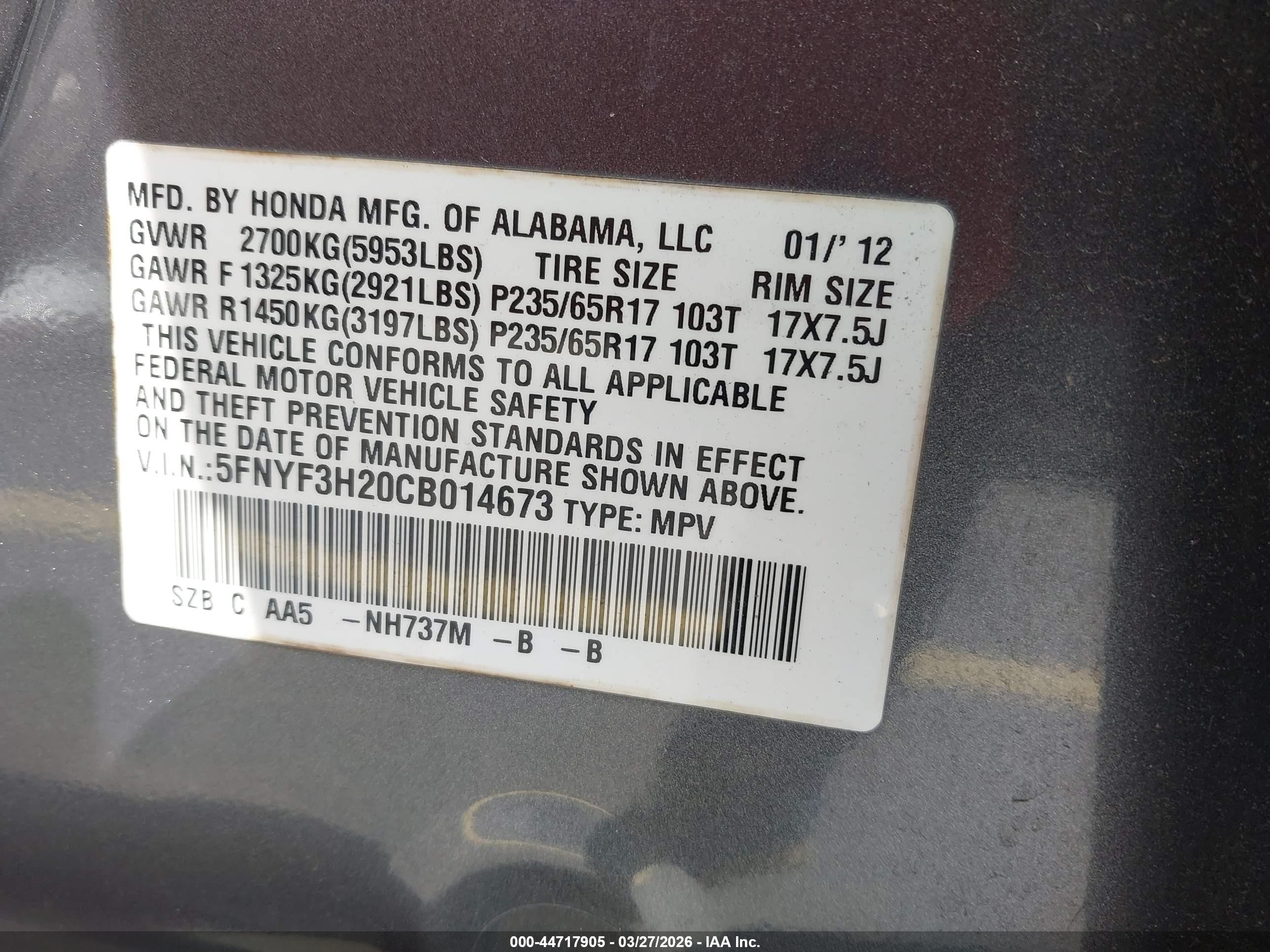 2012 Honda Pilot Lx Gray vin: 5FNYF3H20CB014673