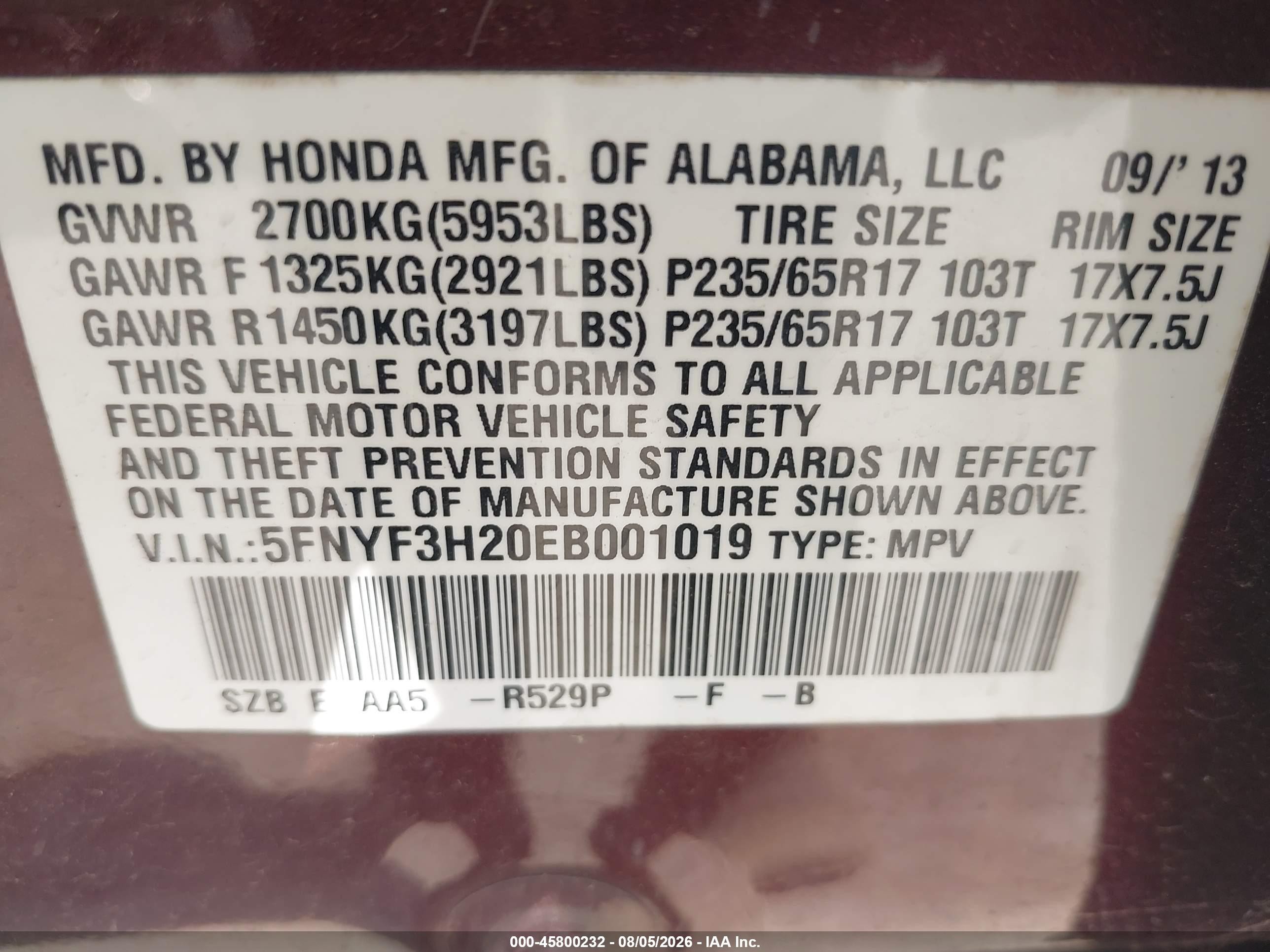 2014 Honda Pilot Lx Red vin: 5FNYF3H20EB001019