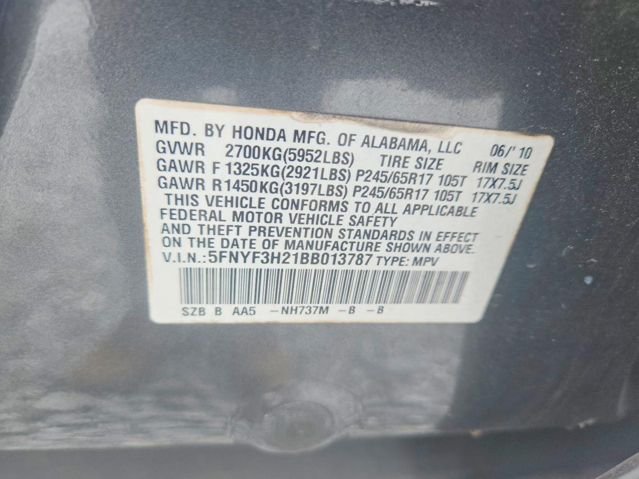 2011 Honda Pilot Lx Gray vin: 5FNYF3H21BB013787