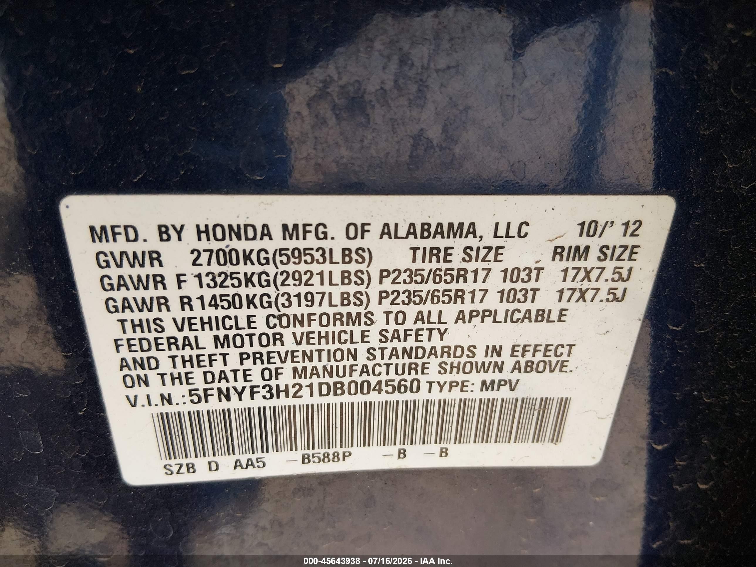 2013 Honda Pilot Lx Blue vin: 5FNYF3H21DB004560