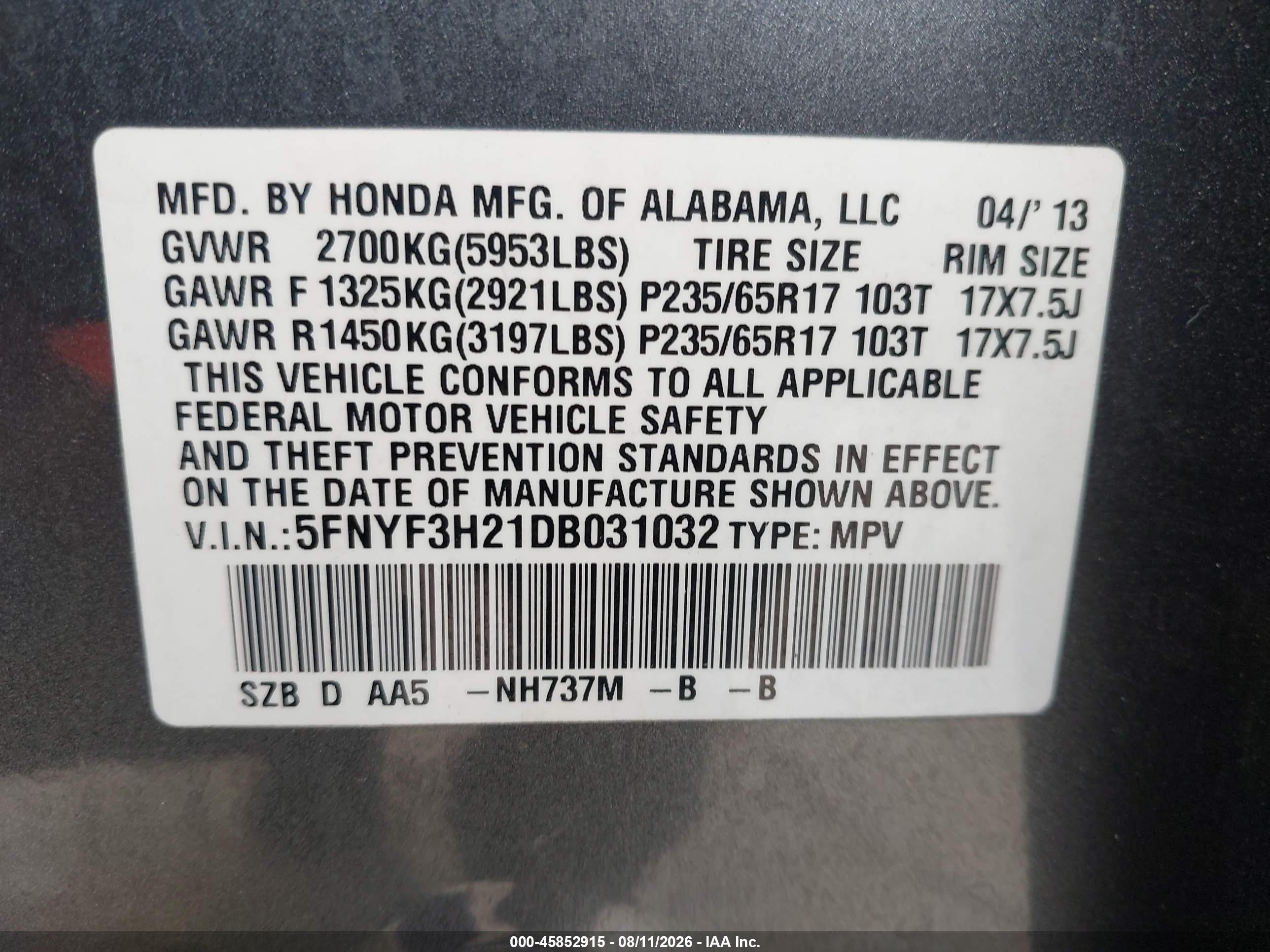 2013 Honda Pilot Lx Серый vin: 5FNYF3H21DB031032