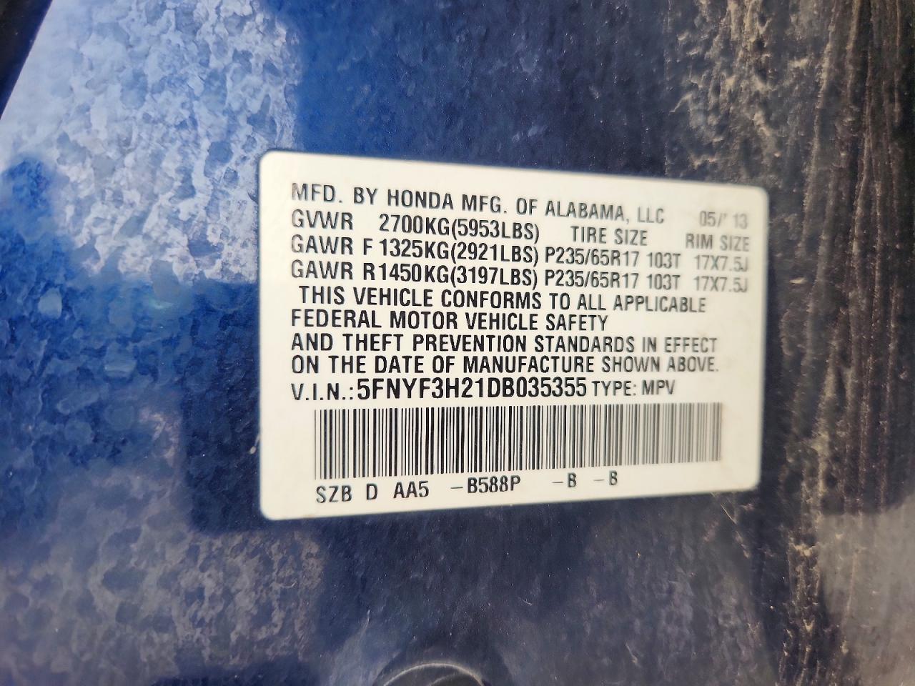 2013 Honda Pilot Lx Blue vin: 5FNYF3H21DB035355