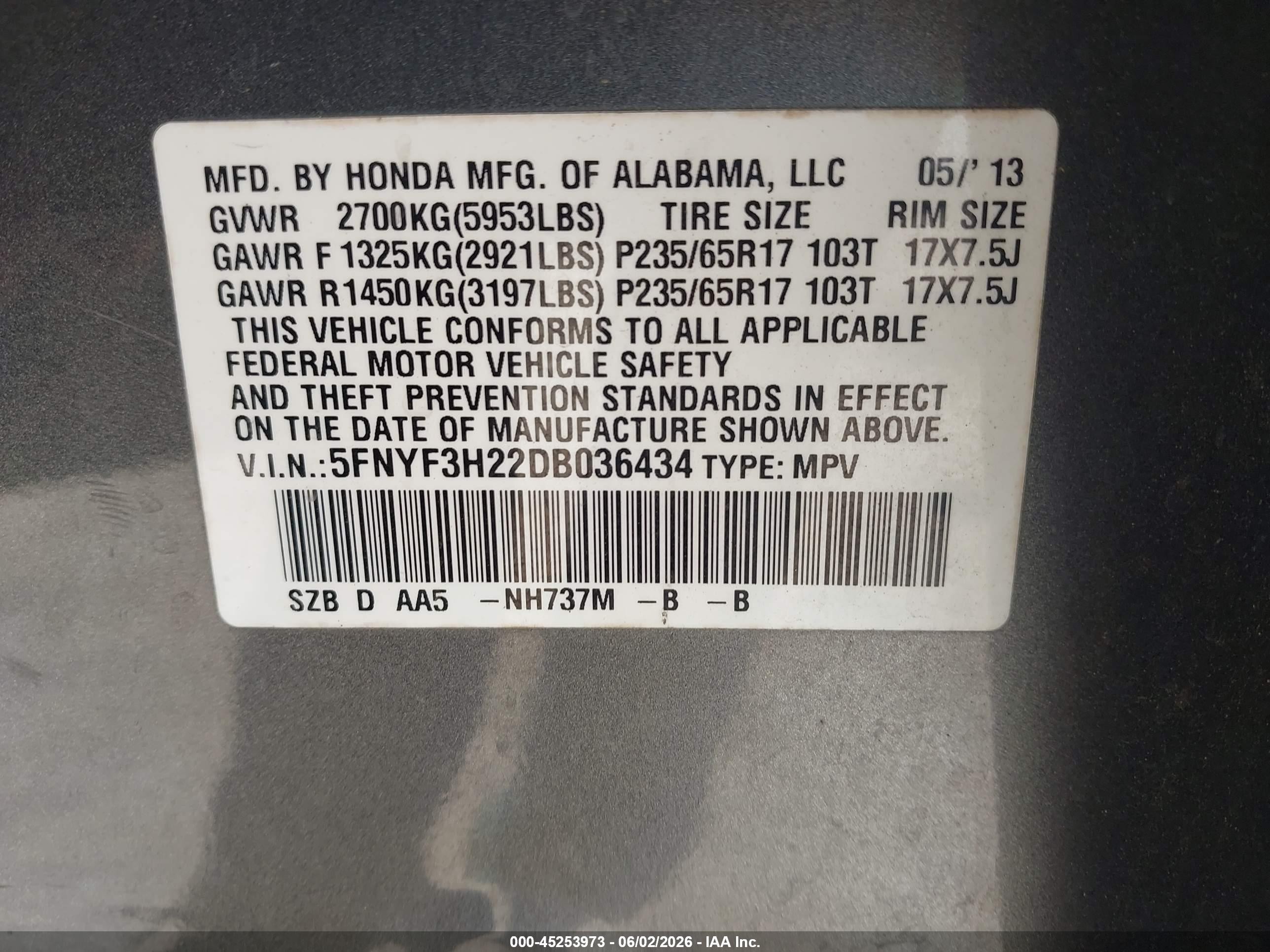 2013 Honda Pilot Lx Серый vin: 5FNYF3H22DB036434
