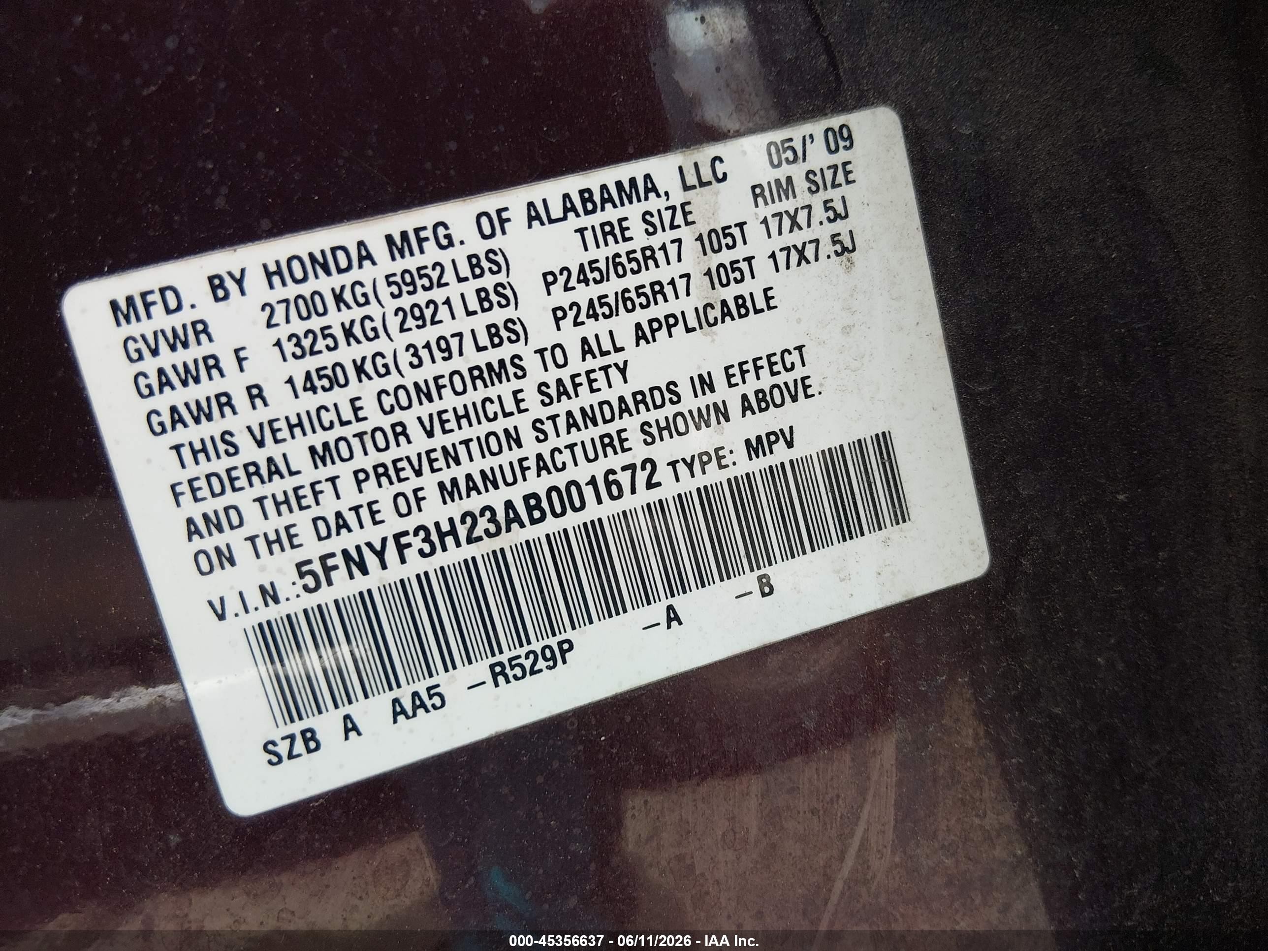 2010 Honda Pilot Lx Burgundy vin: 5FNYF3H23AB001672