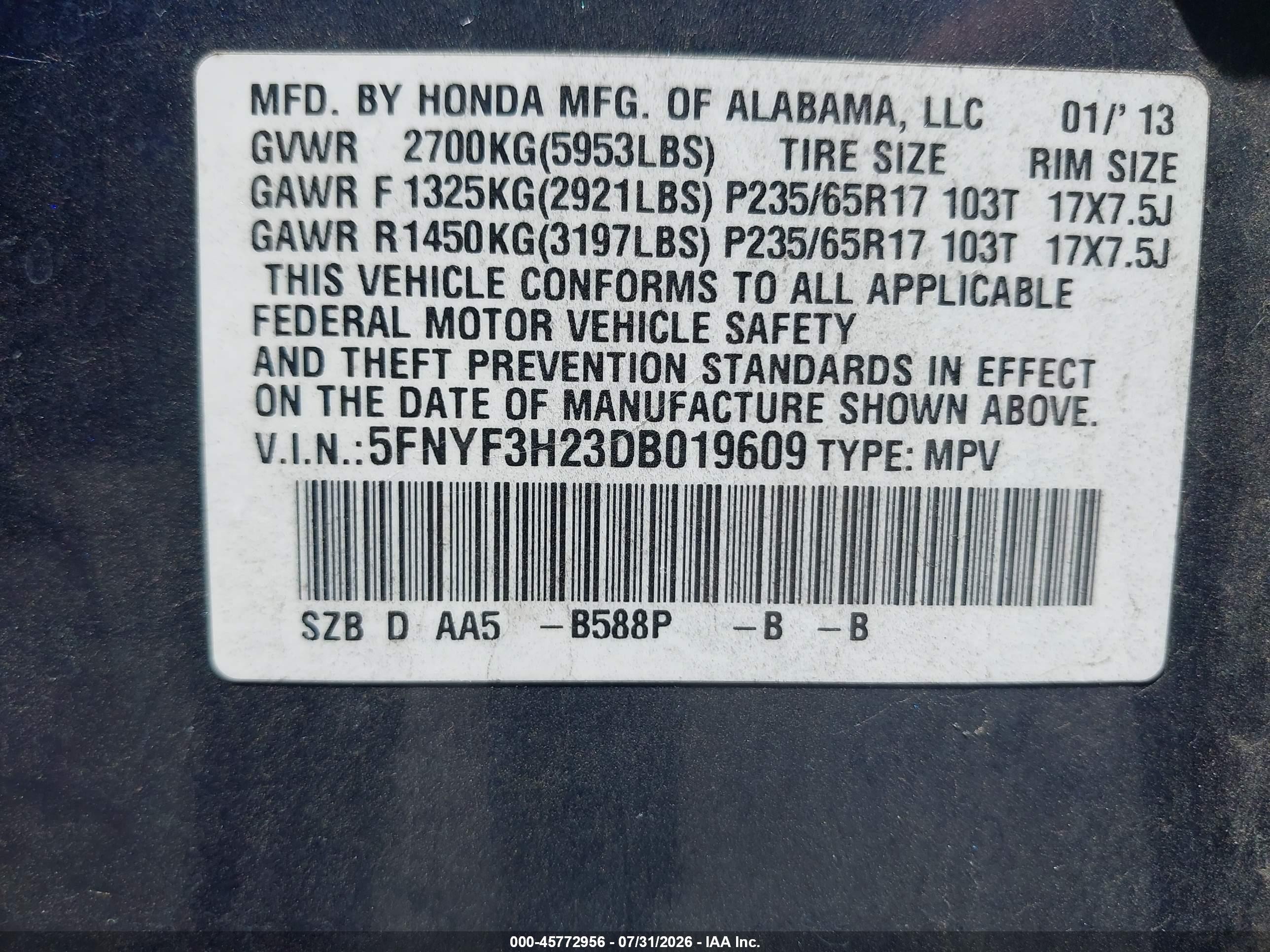 2013 Honda Pilot Lx Blue vin: 5FNYF3H23DB019609
