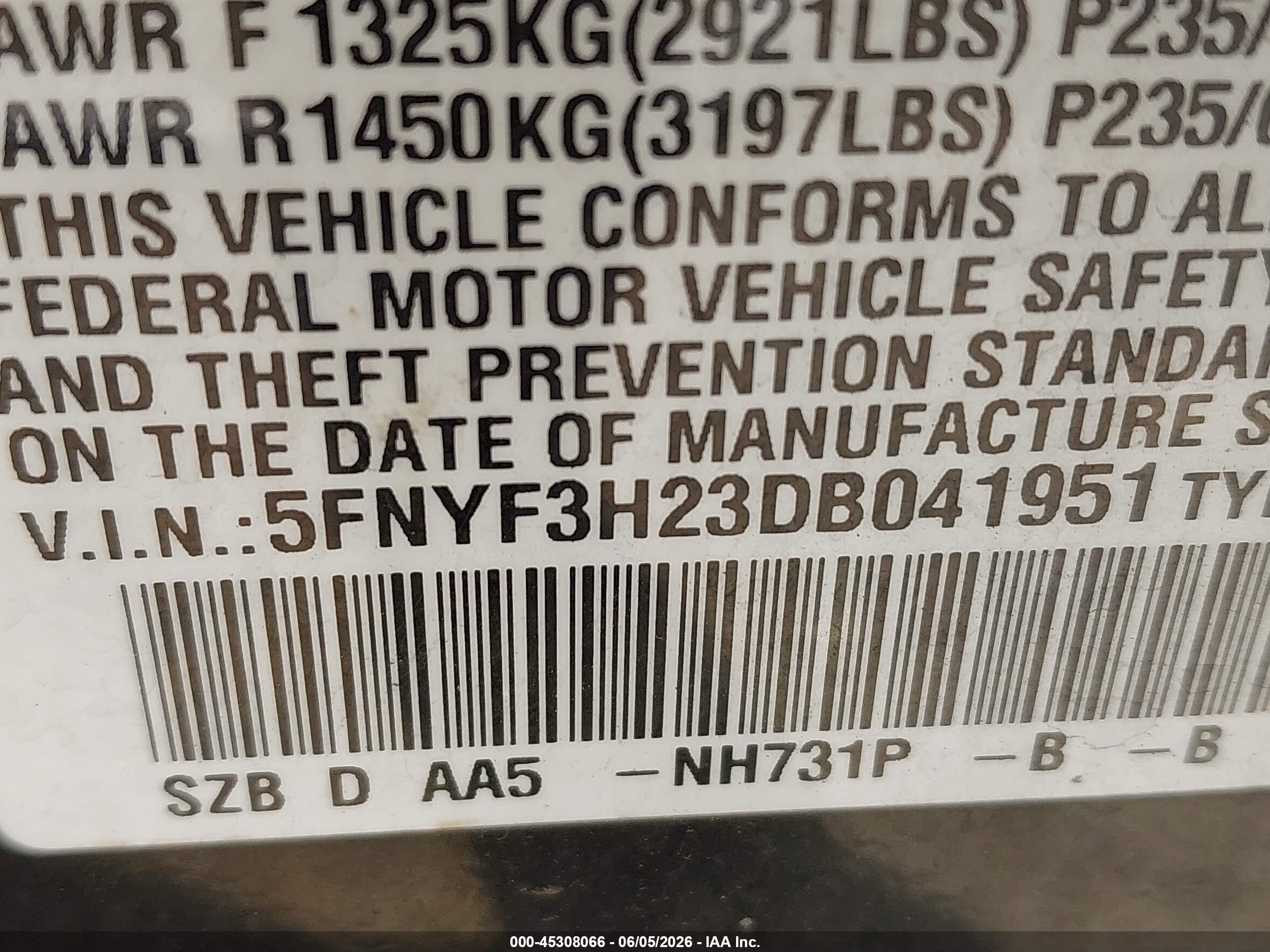 2013 Honda Pilot Lx Черный vin: 5FNYF3H23DB041951