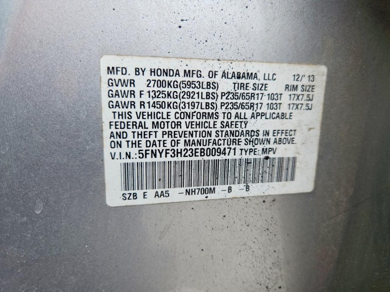 2014 Honda Pilot Lx Charcoal vin: 5FNYF3H23EB009471