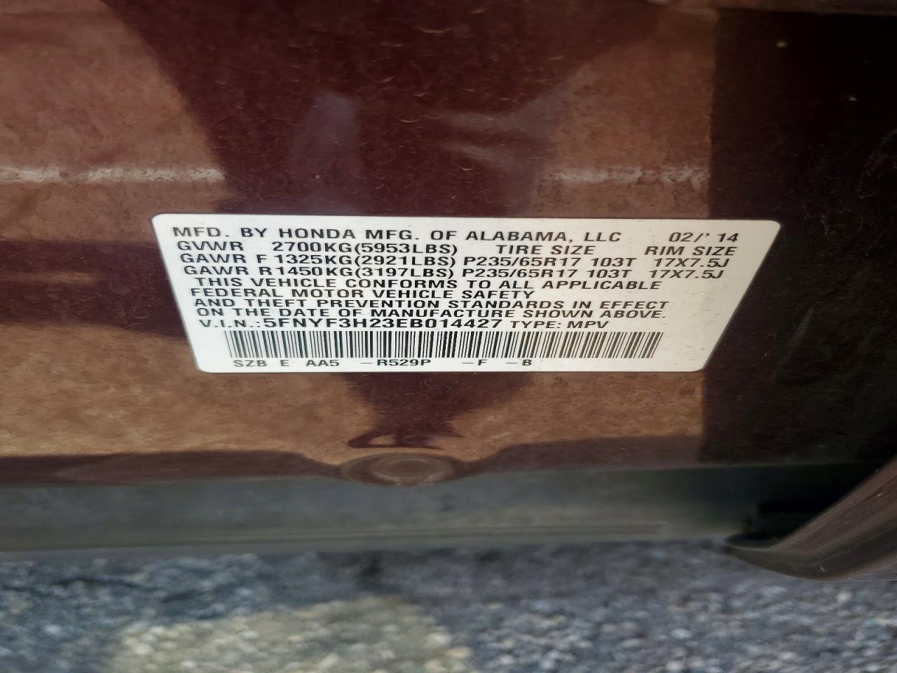 2014 Honda Pilot Lx Maroon vin: 5FNYF3H23EB014427