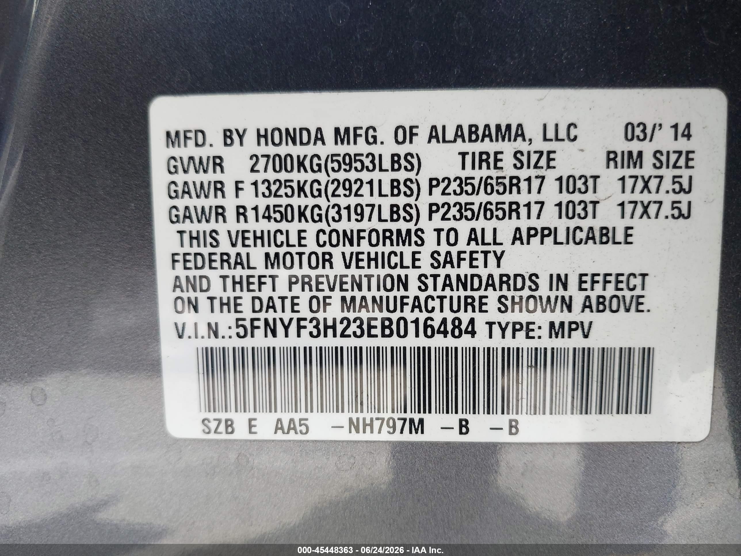 2014 Honda Pilot Lx Gray vin: 5FNYF3H23EB016484