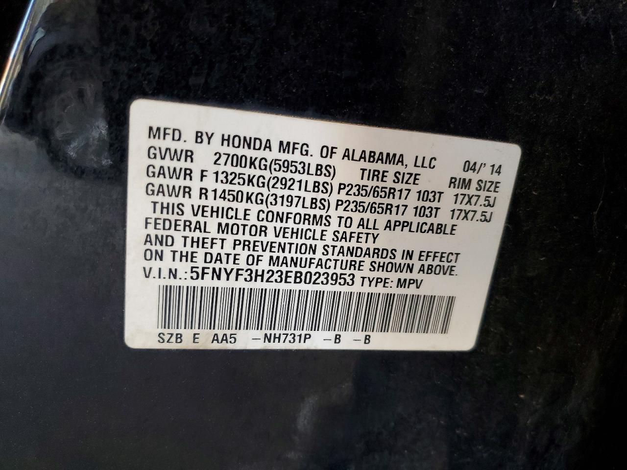 2014 Honda Pilot Lx Black vin: 5FNYF3H23EB023953