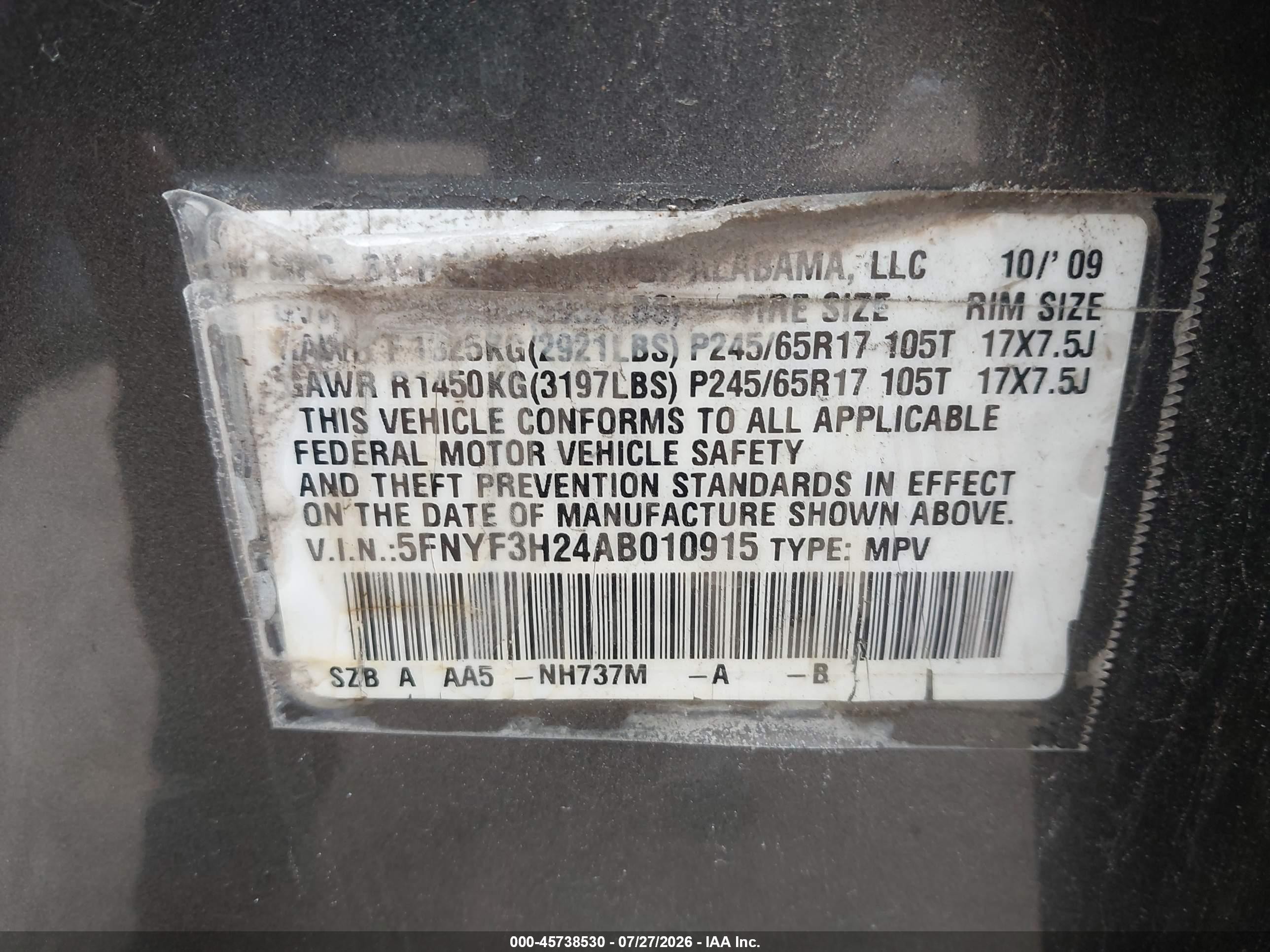 2010 Honda Pilot Lx Gray vin: 5FNYF3H24AB010915