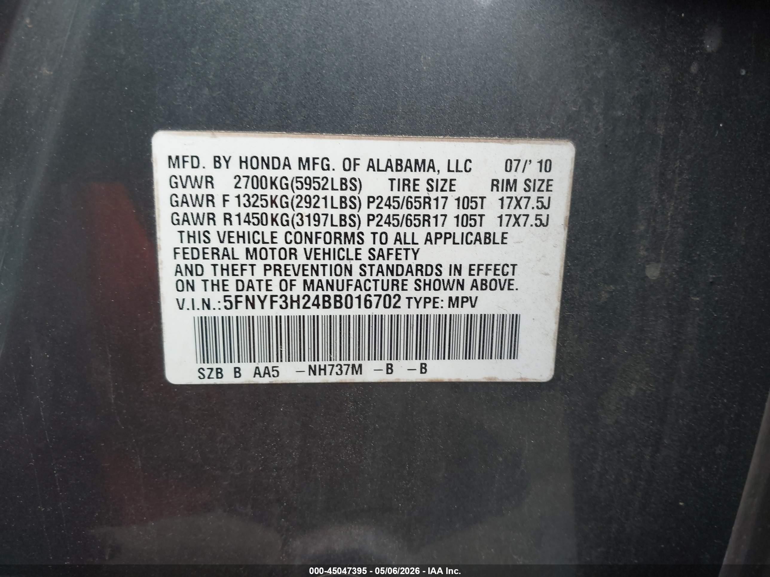2011 Honda Pilot Lx Серый vin: 5FNYF3H24BB016702