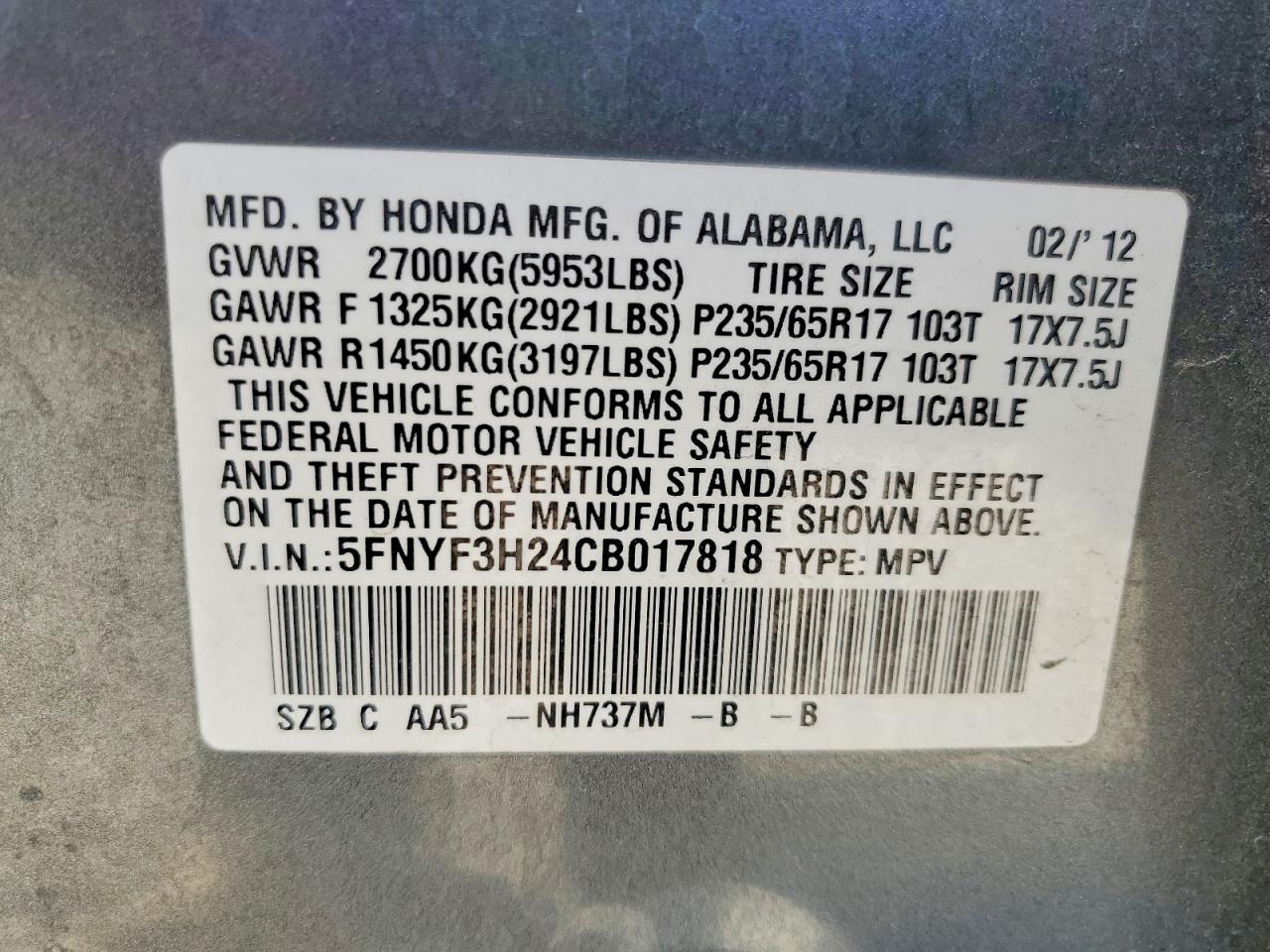 2012 Honda Pilot Lx Серый vin: 5FNYF3H24CB017818