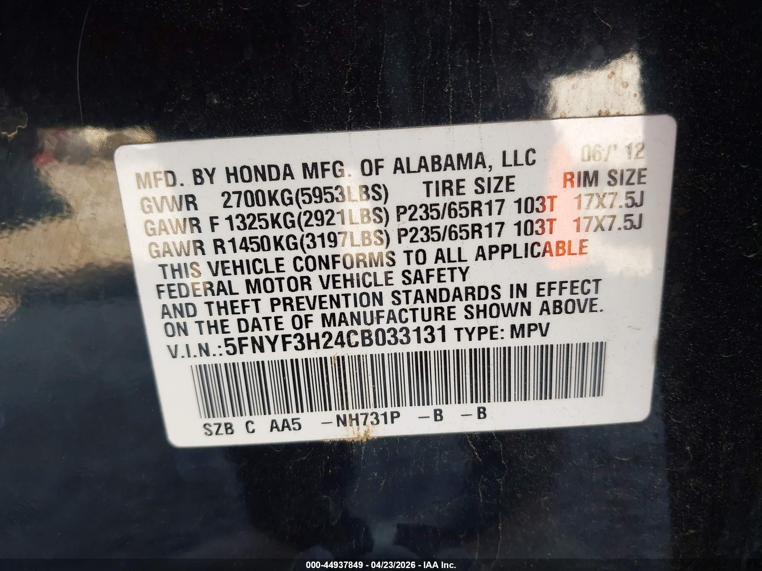 2012 Honda Pilot Lx Black vin: 5FNYF3H24CB033131