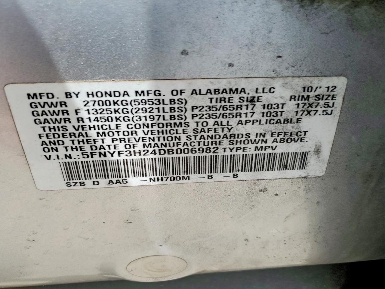 2013 Honda Pilot Lx Silver vin: 5FNYF3H24DB006982