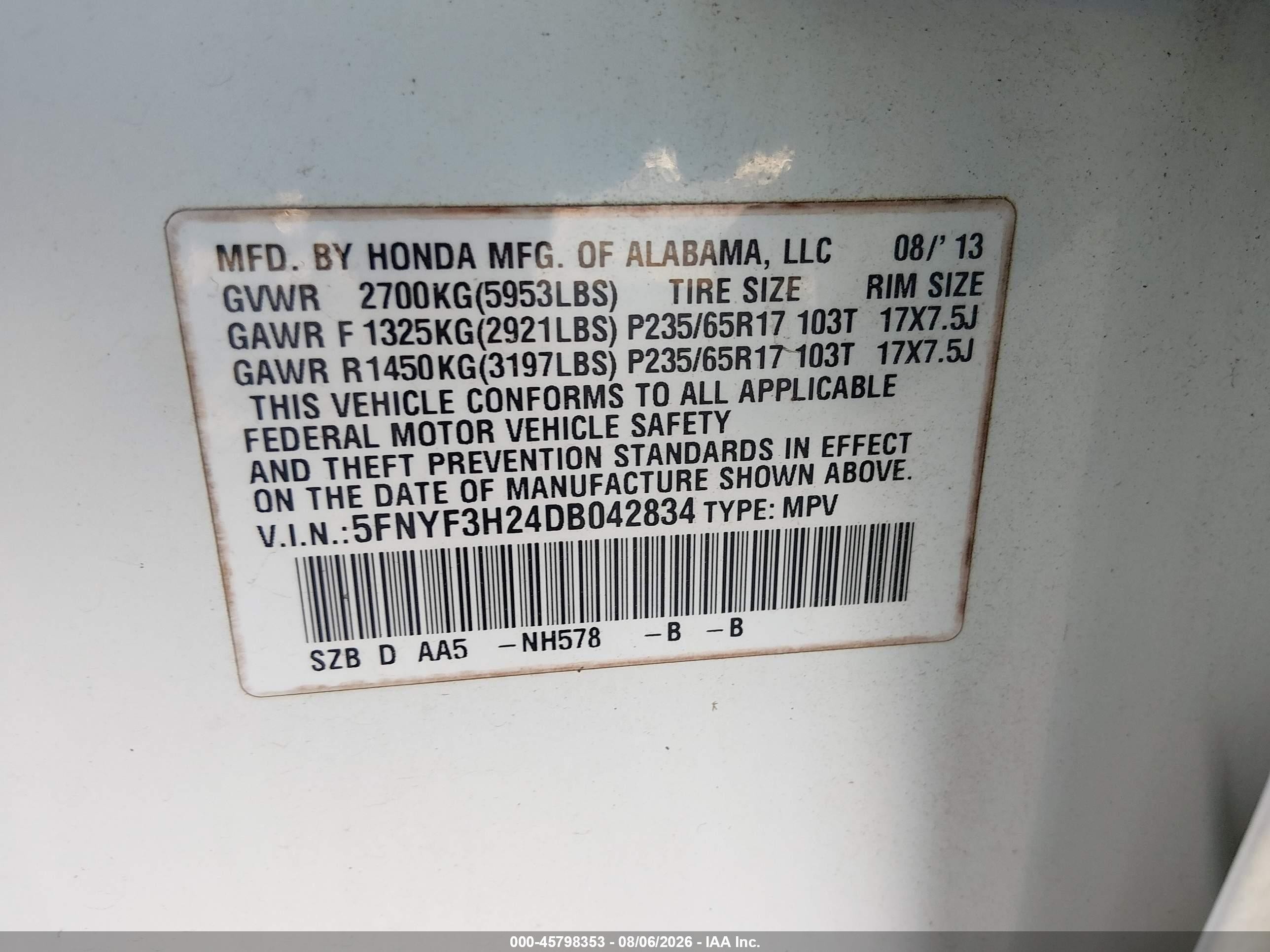 2013 Honda Pilot Lx Белый vin: 5FNYF3H24DB042834