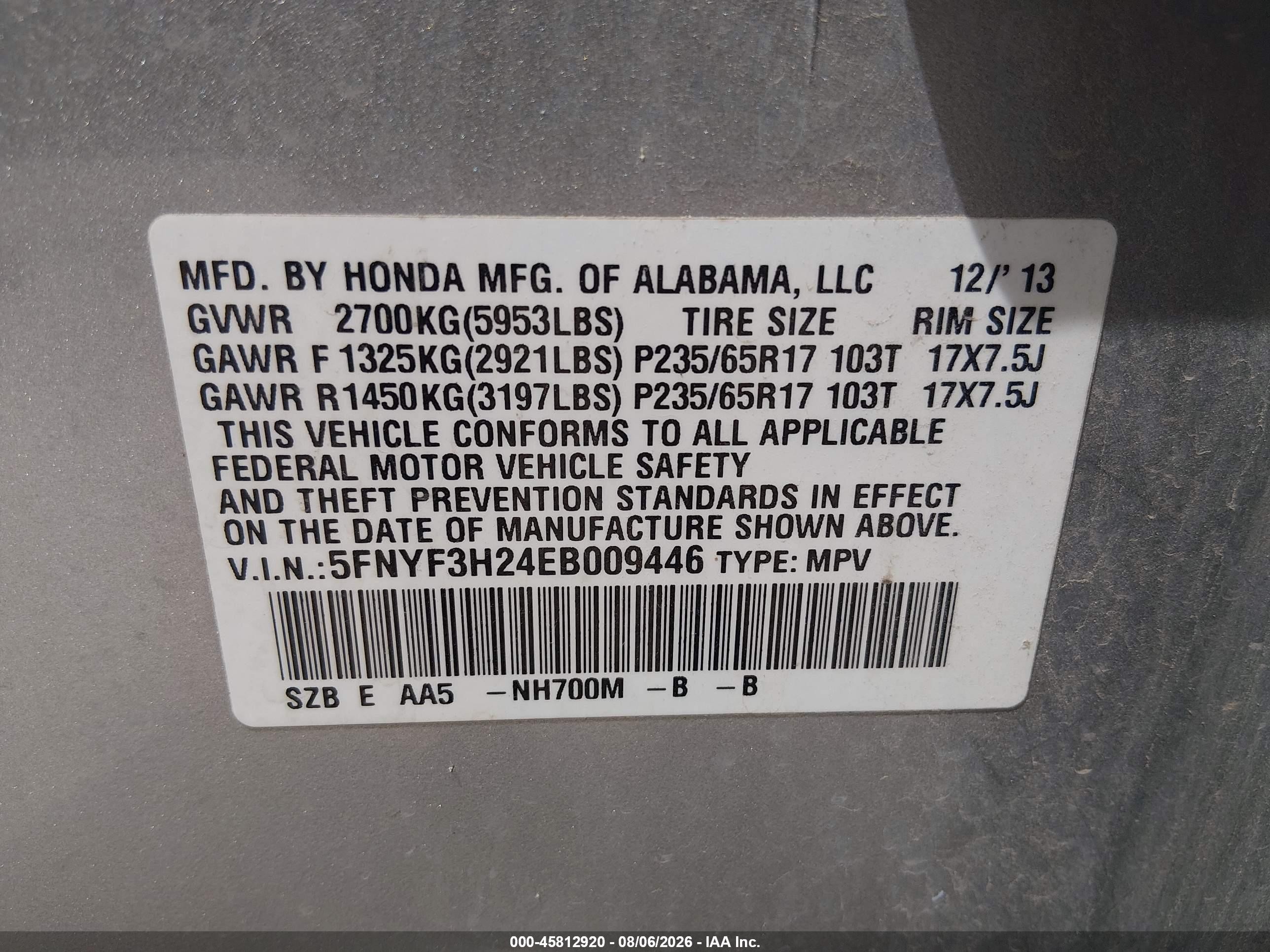 2014 Honda Pilot Lx Серебряный vin: 5FNYF3H24EB009446