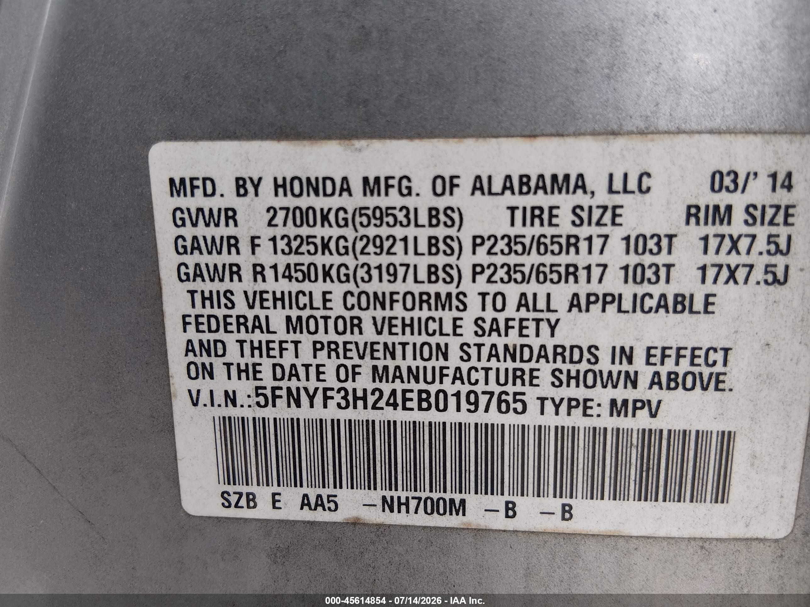 2014 Honda Pilot Lx Silver vin: 5FNYF3H24EB019765