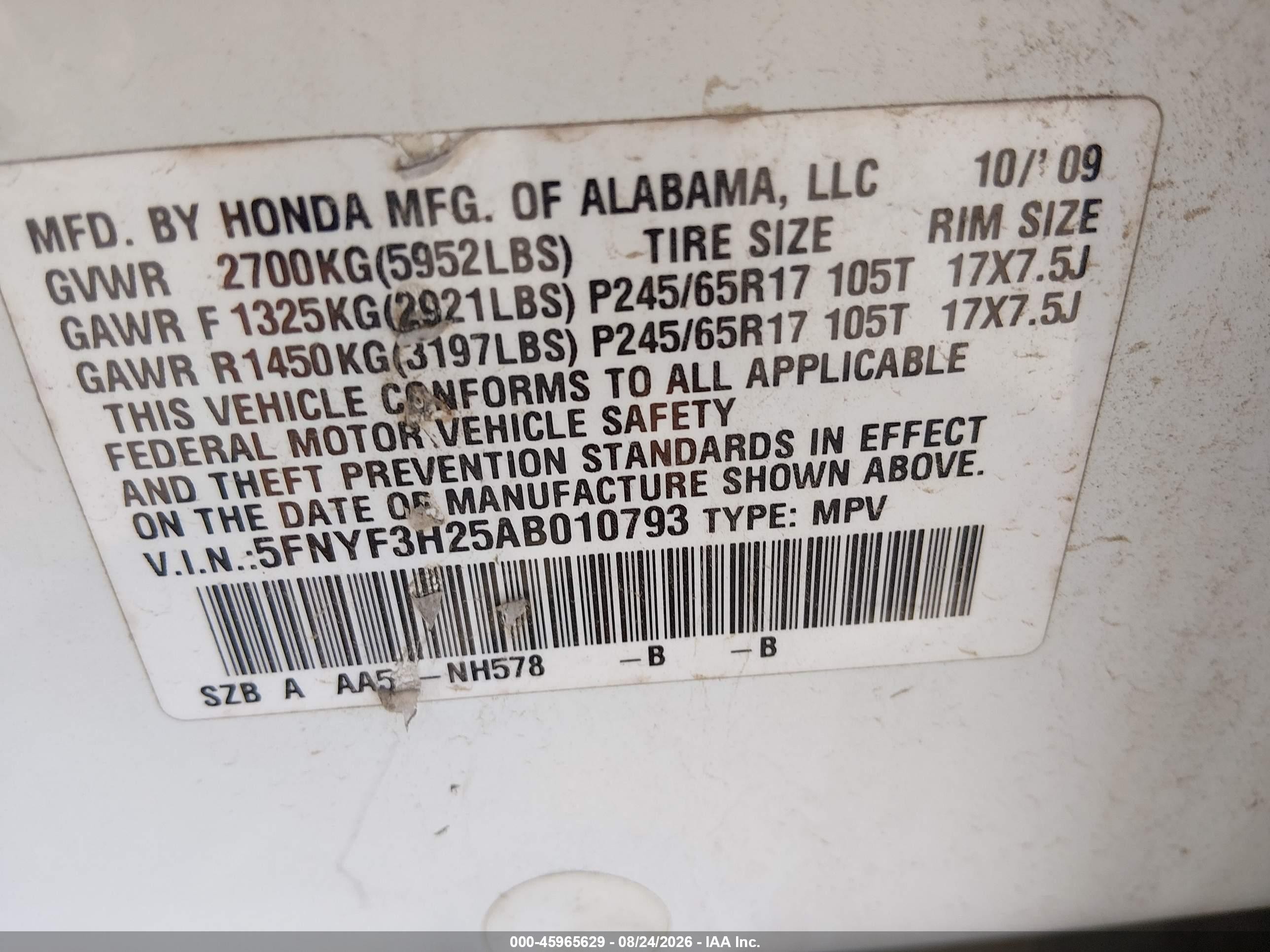 2010 Honda Pilot Lx White vin: 5FNYF3H25AB010793