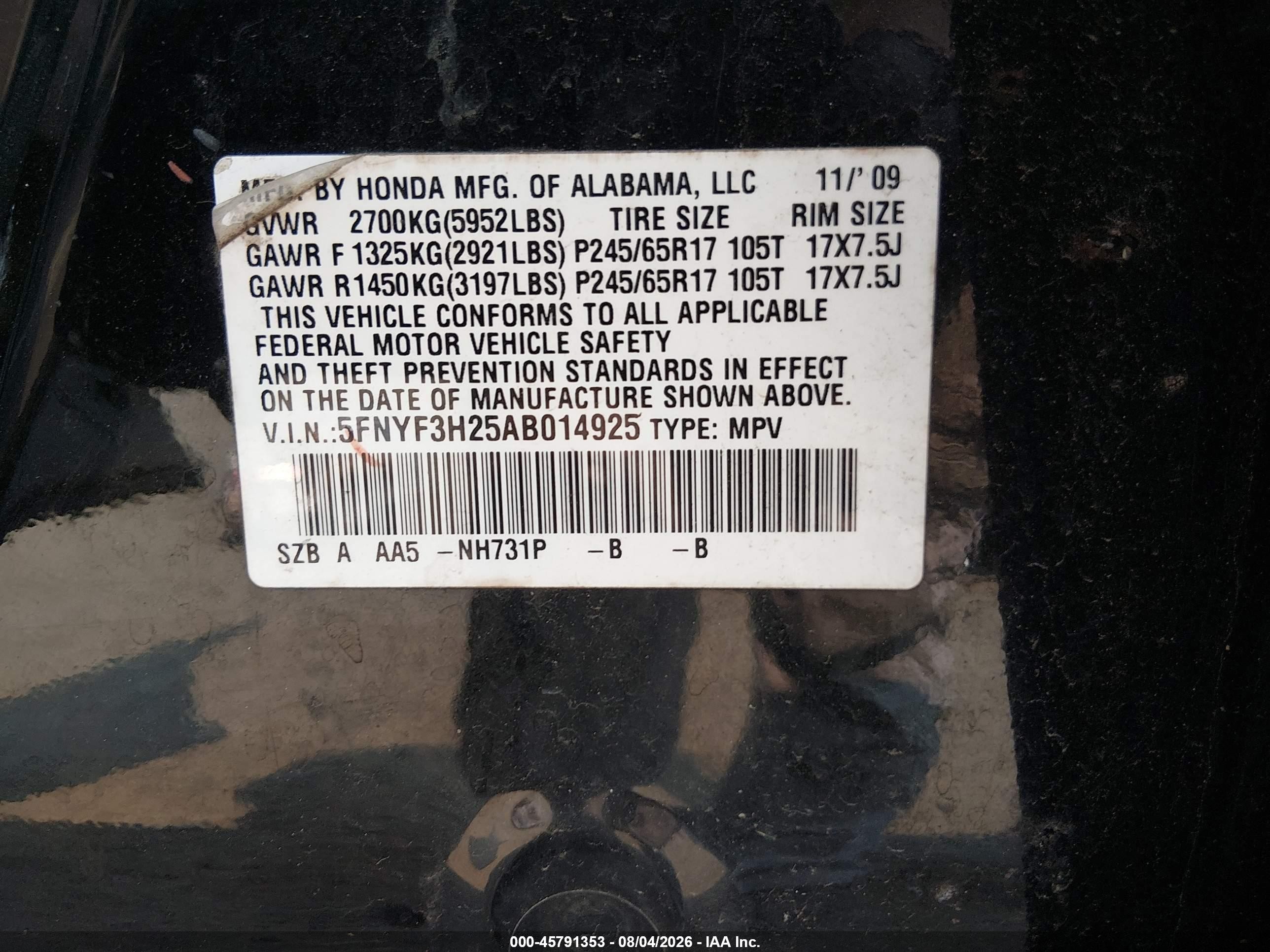 2010 Honda Pilot Lx Black vin: 5FNYF3H25AB014925