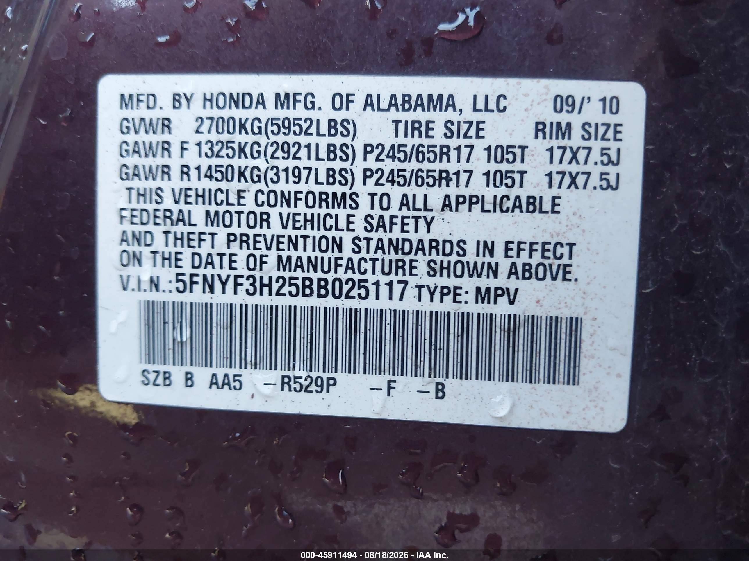 2011 Honda Pilot Lx Maroon vin: 5FNYF3H25BB025117