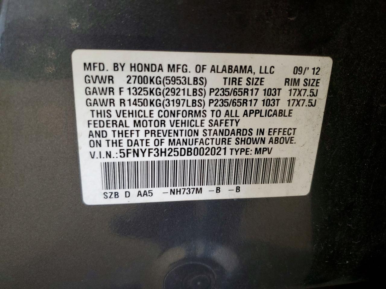 2013 Honda Pilot Lx Gray vin: 5FNYF3H25DB002021
