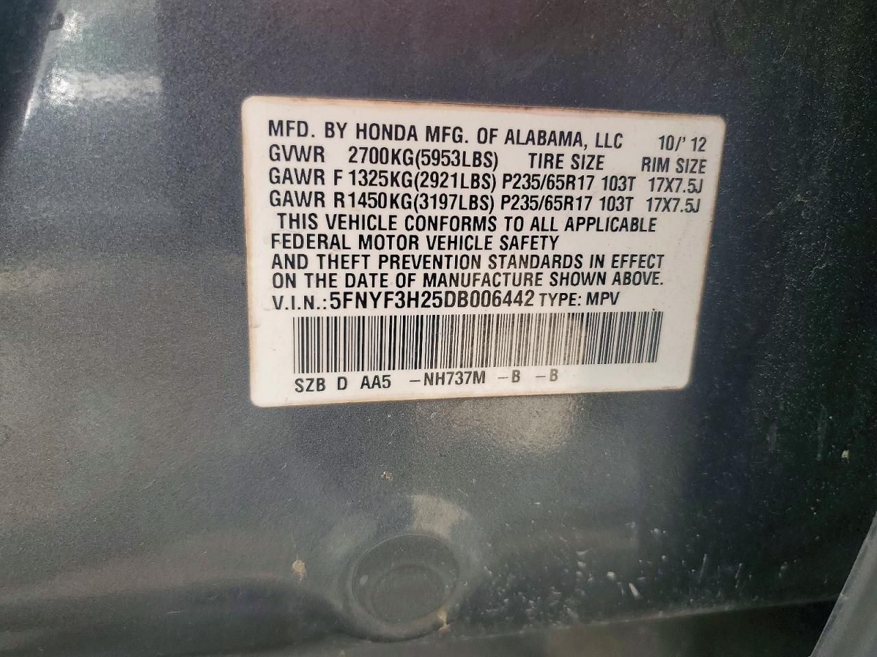 2013 Honda Pilot Lx Blue vin: 5FNYF3H25DB006442