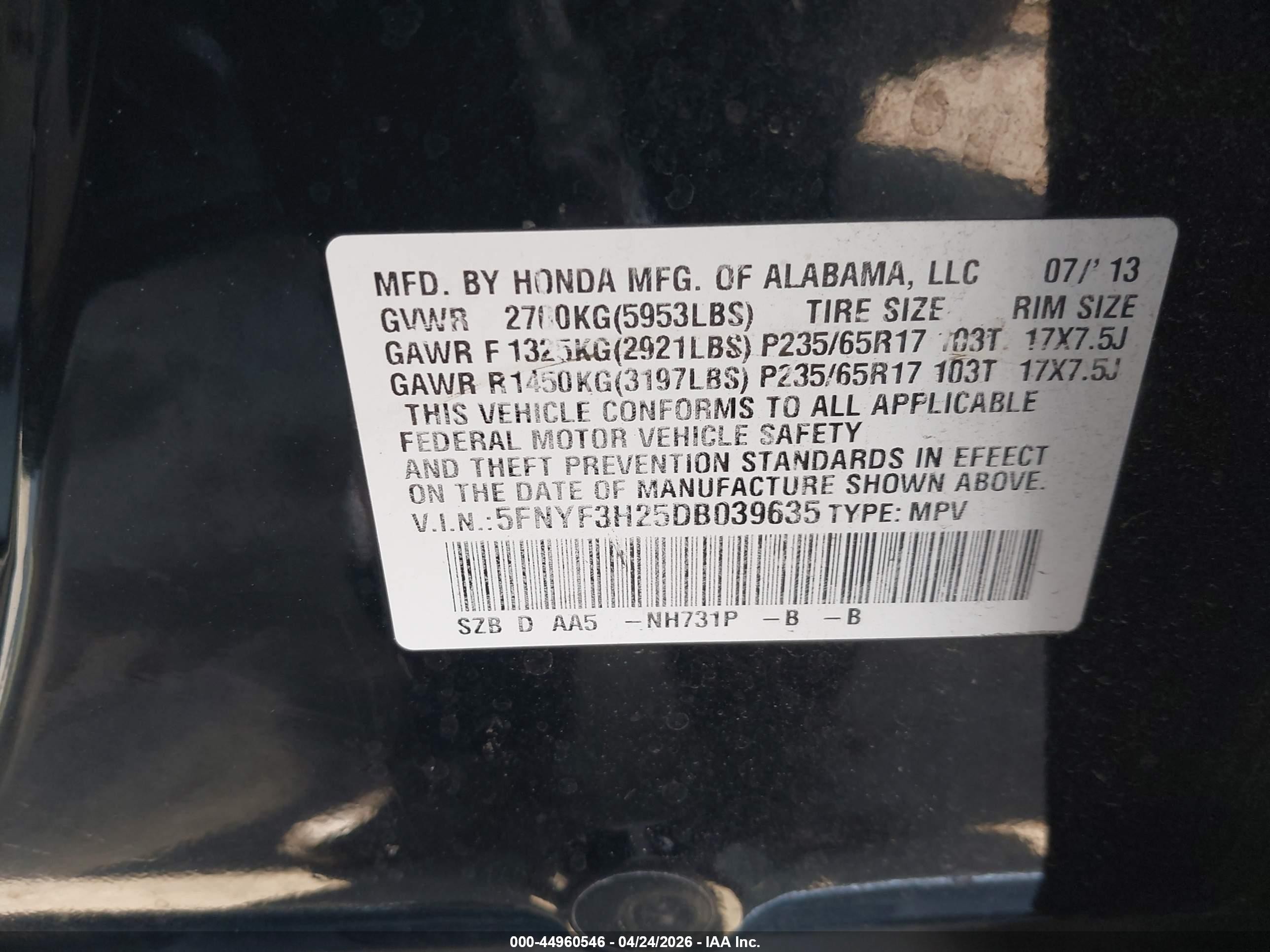 2013 Honda Pilot Lx Black vin: 5FNYF3H25DB039635