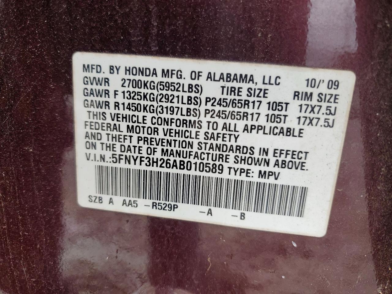 2010 Honda Pilot Lx Burgundy vin: 5FNYF3H26AB010589