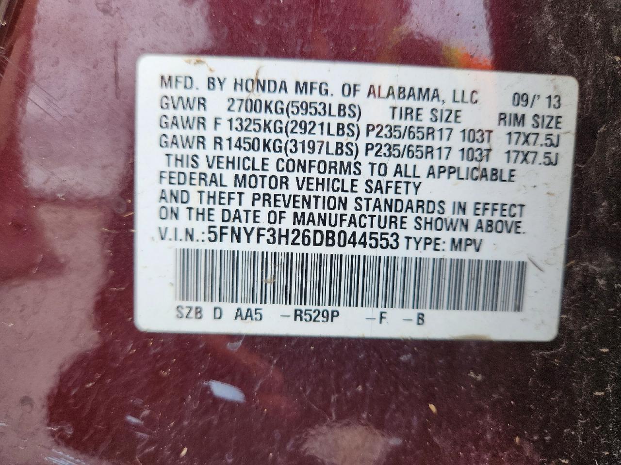 2013 Honda Pilot Lx Burgundy vin: 5FNYF3H26DB044553