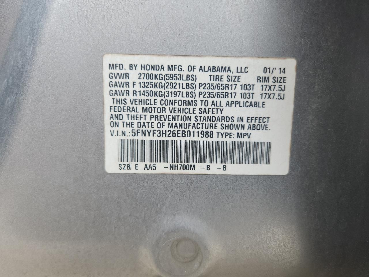 2014 Honda Pilot Lx Silver vin: 5FNYF3H26EB011988