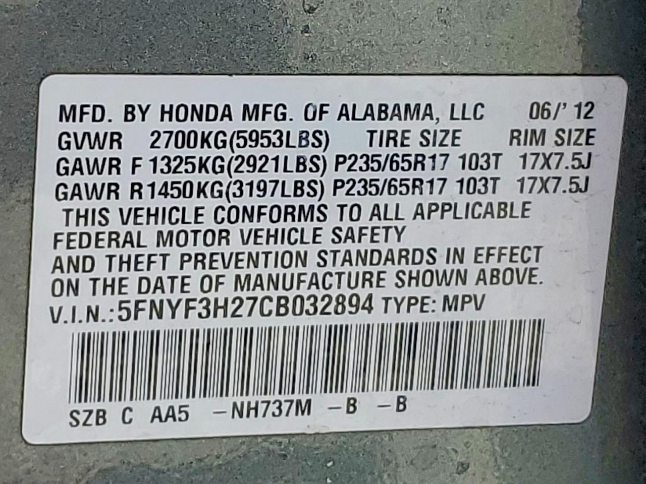 2012 Honda Pilot Lx Charcoal vin: 5FNYF3H27CB032894