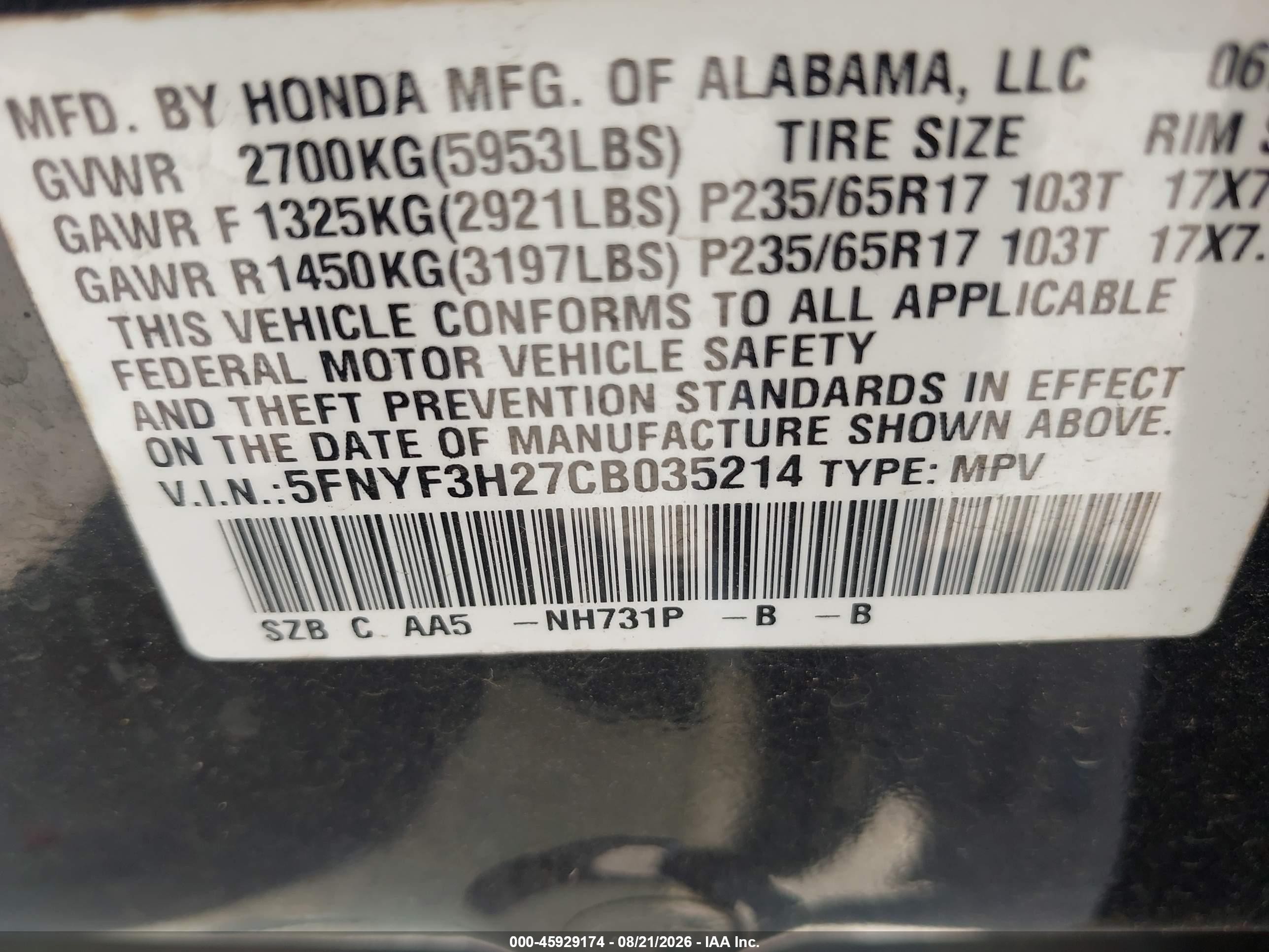 2012 Honda Pilot Lx Black vin: 5FNYF3H27CB035214